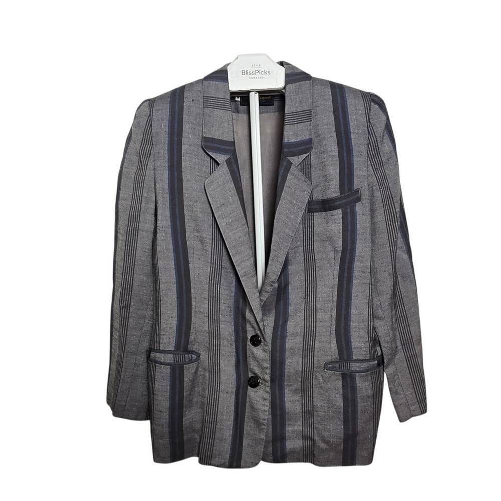 Vintage Italian Linen Blazer Women Size 38‎ Gray Blue Stripe Made Italy 70s 80s